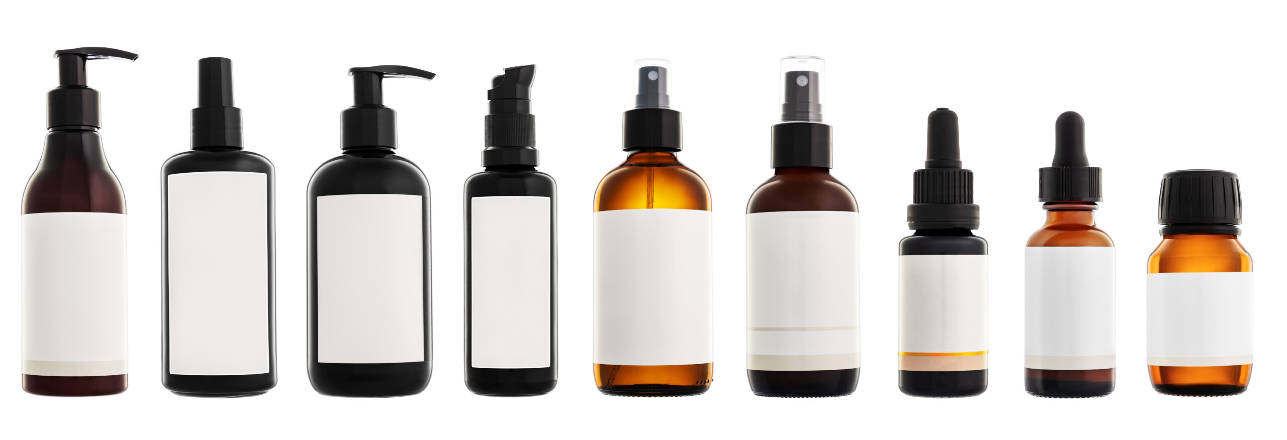 Collection of cosmetic bottles isolated on white background