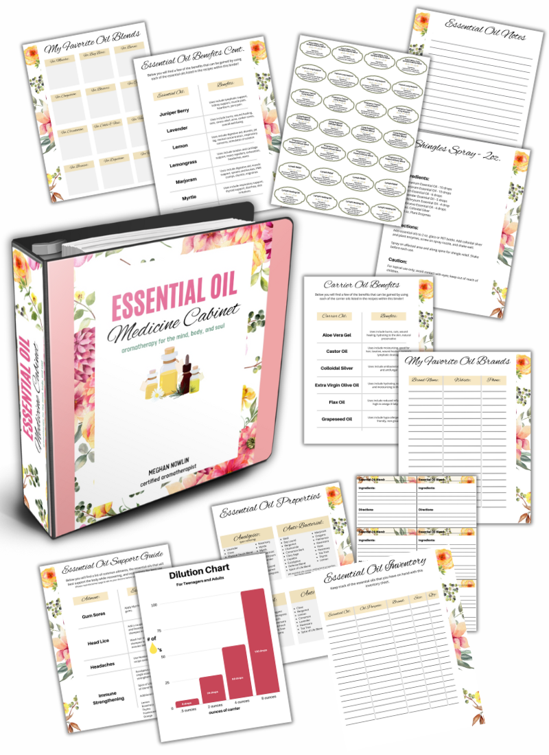 Essential Oil Medicine Cabinet Collage preview of the contents of the ABC learning bundle pages and guides